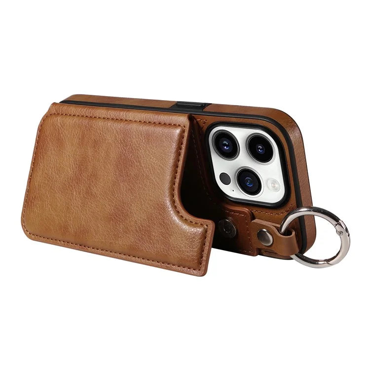 003 For iPhone 14 Pro Case Kickstand PU Leather Coated TPU Phone Cover with Ring Buckle