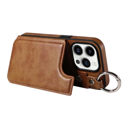 003 For iPhone 14 Pro Case Kickstand PU Leather Coated TPU Phone Cover with Ring Buckle