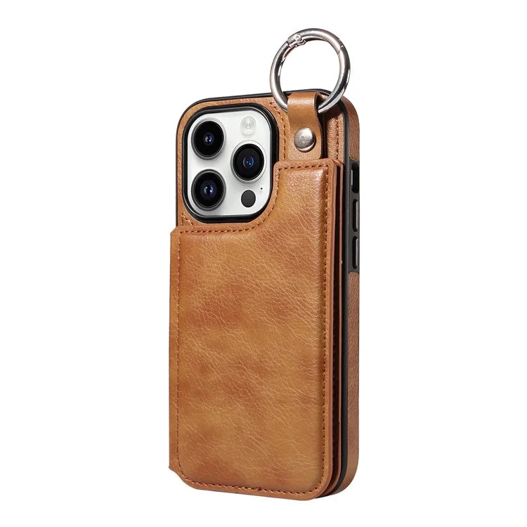 003 For iPhone 14 Pro Case Kickstand PU Leather Coated TPU Phone Cover with Ring Buckle