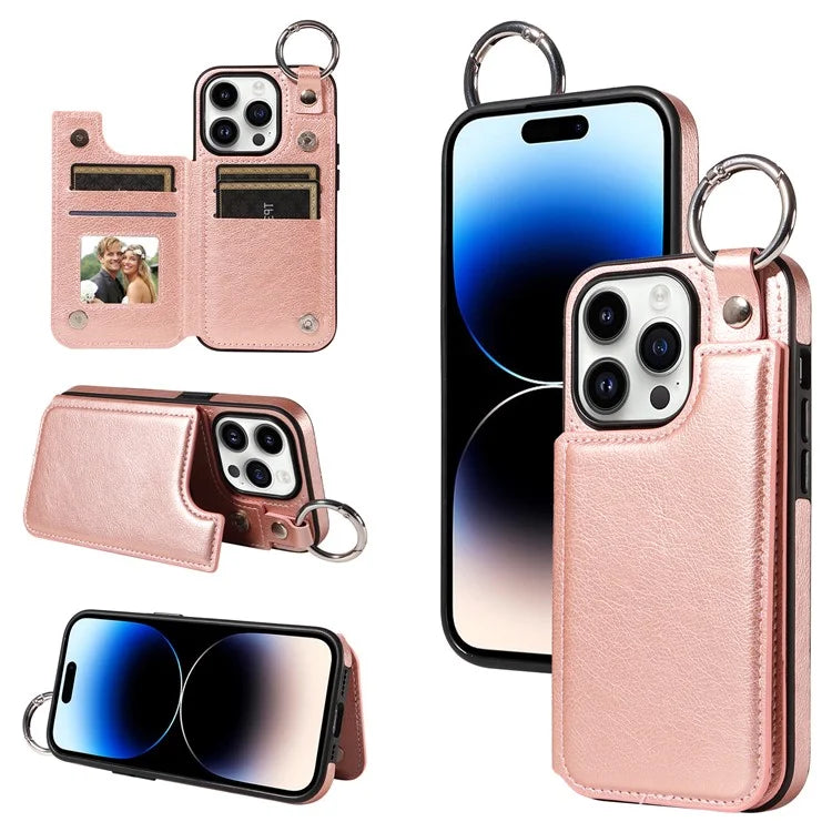 003 For iPhone 14 Pro Case Kickstand PU Leather Coated TPU Phone Cover with Ring Buckle