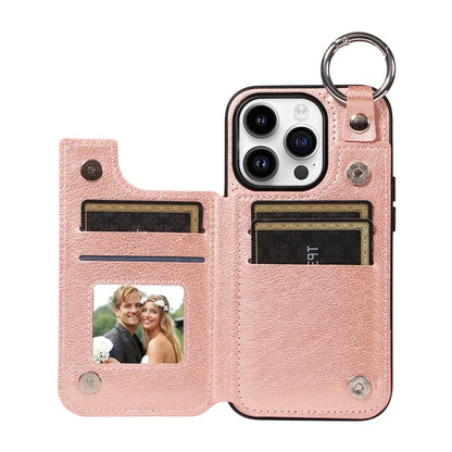 003 For iPhone 14 Pro Case Kickstand PU Leather Coated TPU Phone Cover with Ring Buckle