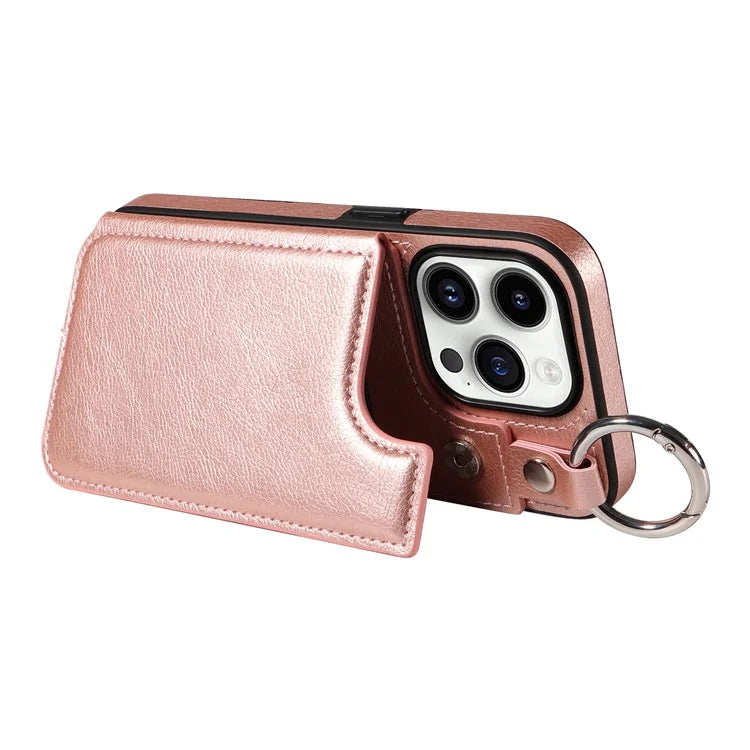 003 For iPhone 14 Pro Case Kickstand PU Leather Coated TPU Phone Cover with Ring Buckle