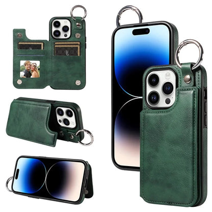 003 For iPhone 14 Pro Case Kickstand PU Leather Coated TPU Phone Cover with Ring Buckle