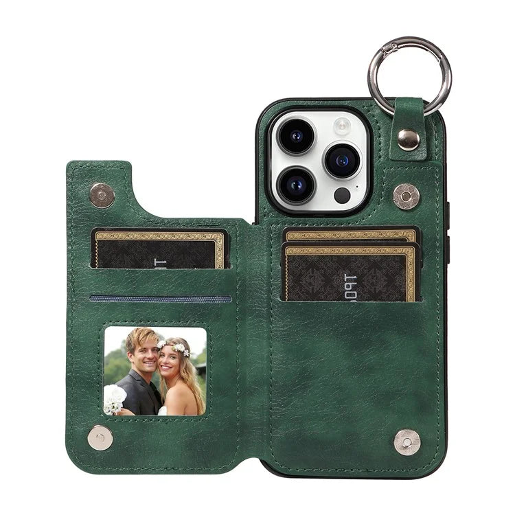 003 For iPhone 14 Pro Case Kickstand PU Leather Coated TPU Phone Cover with Ring Buckle