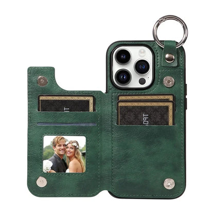 003 For iPhone 14 Pro Case Kickstand PU Leather Coated TPU Phone Cover with Ring Buckle