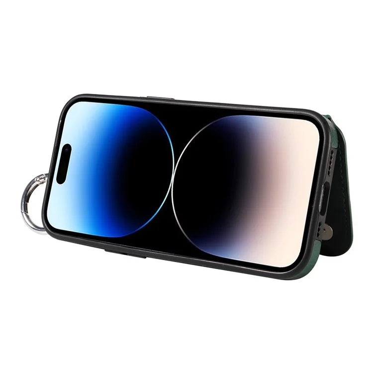 003 For iPhone 14 Pro Case Kickstand PU Leather Coated TPU Phone Cover with Ring Buckle