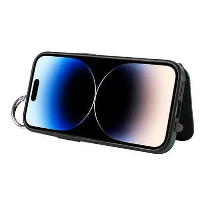 003 For iPhone 14 Pro Case Kickstand PU Leather Coated TPU Phone Cover with Ring Buckle