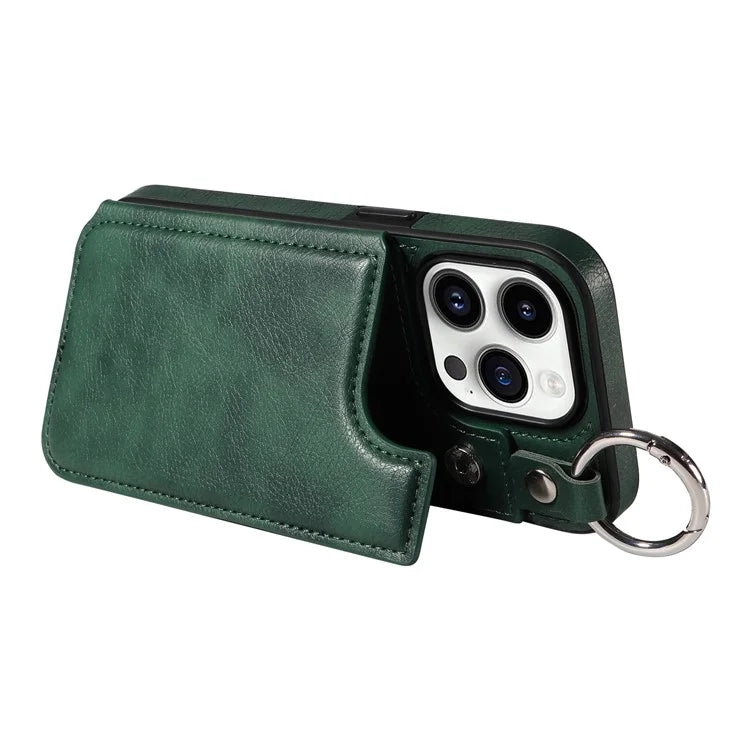 003 For iPhone 14 Pro Case Kickstand PU Leather Coated TPU Phone Cover with Ring Buckle