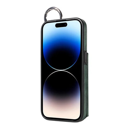 003 For iPhone 14 Pro Case Kickstand PU Leather Coated TPU Phone Cover with Ring Buckle