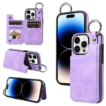 003 For iPhone 14 Pro Case Kickstand PU Leather Coated TPU Phone Cover with Ring Buckle