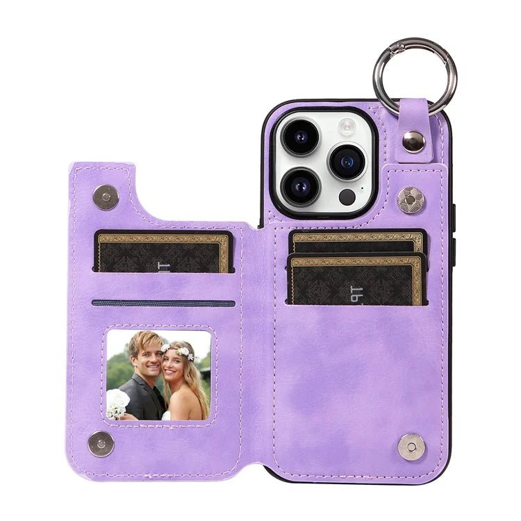 003 For iPhone 14 Pro Case Kickstand PU Leather Coated TPU Phone Cover with Ring Buckle