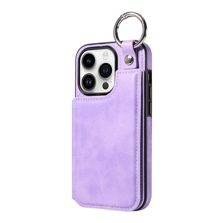 003 For iPhone 14 Pro Case Kickstand PU Leather Coated TPU Phone Cover with Ring Buckle