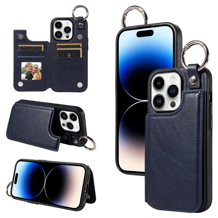 003 For iPhone 14 Pro Case Kickstand PU Leather Coated TPU Phone Cover with Ring Buckle