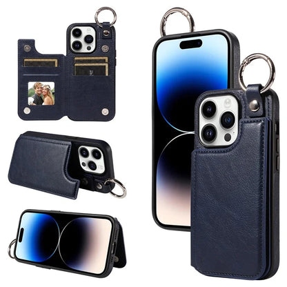 003 For iPhone 14 Pro Case Kickstand PU Leather Coated TPU Phone Cover with Ring Buckle