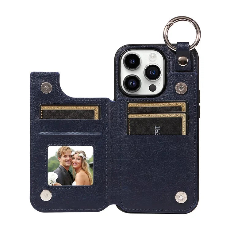003 For iPhone 14 Pro Case Kickstand PU Leather Coated TPU Phone Cover with Ring Buckle