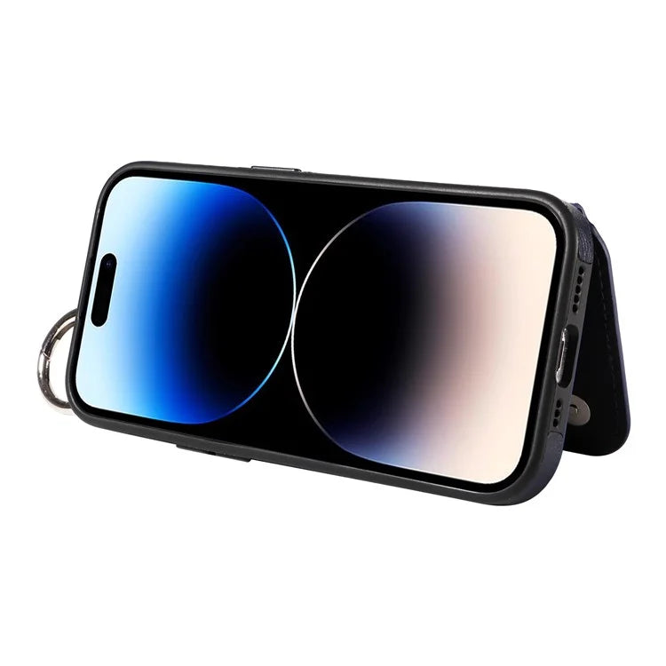 003 For iPhone 14 Pro Case Kickstand PU Leather Coated TPU Phone Cover with Ring Buckle