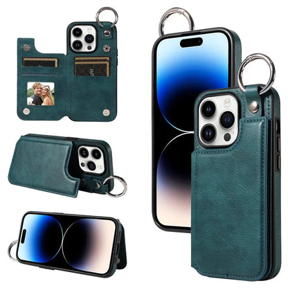 003 For iPhone 14 Pro Case Kickstand PU Leather Coated TPU Phone Cover with Ring Buckle