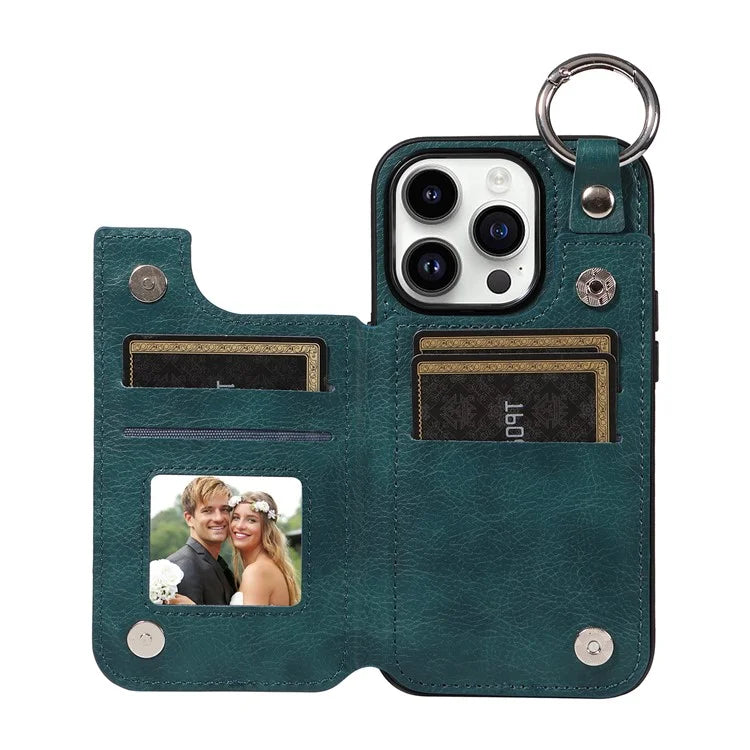 003 For iPhone 14 Pro Case Kickstand PU Leather Coated TPU Phone Cover with Ring Buckle