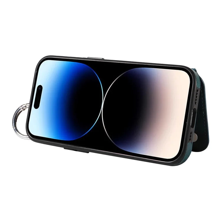 003 For iPhone 14 Pro Case Kickstand PU Leather Coated TPU Phone Cover with Ring Buckle