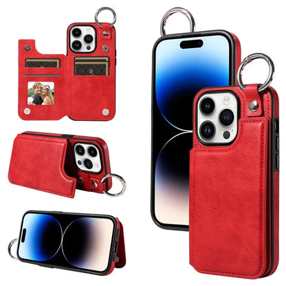 003 For iPhone 14 Pro Case Kickstand PU Leather Coated TPU Phone Cover with Ring Buckle