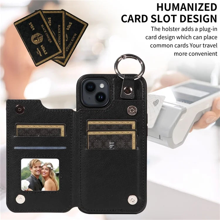 003 For iPhone 14 Case Anti-Drop Ring Buckle PU Leather + TPU Phone Cover Litchi Texture