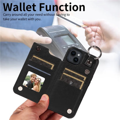 003 For iPhone 14 Case Anti-Drop Ring Buckle PU Leather + TPU Phone Cover Litchi Texture