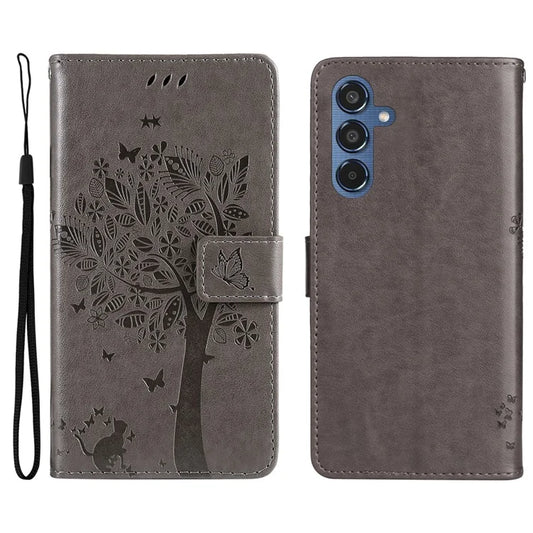 KT Imprinting Flower Series-3 For Samsung Galaxy M35 5G Case Leather Cat Tree Pattern Fashion Phone Shell