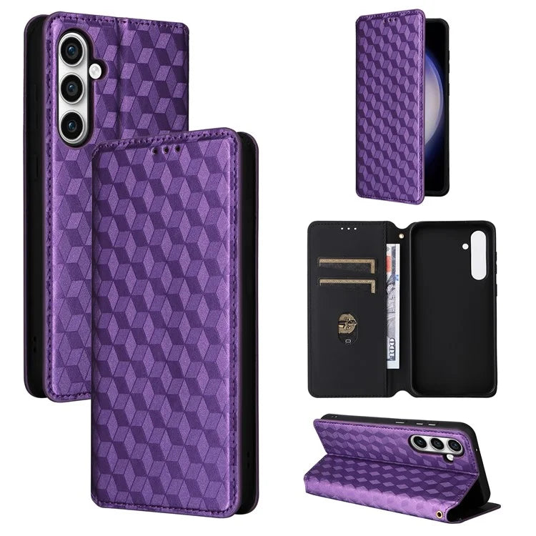 For Samsung Galaxy S24 FE Wallet Case Rhombus Imprint Leather Phone Cover