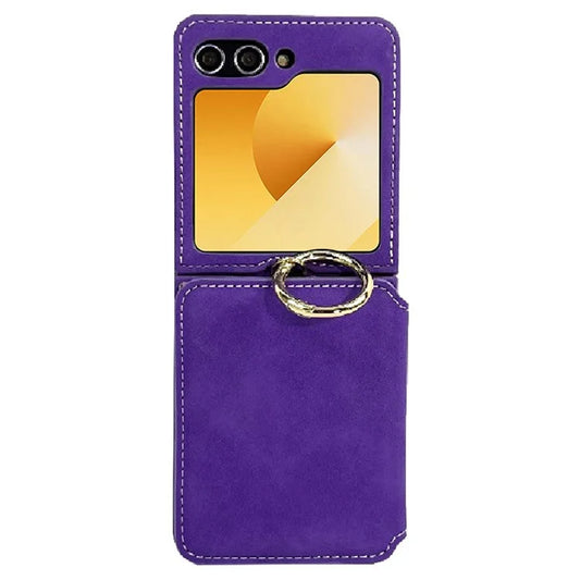 For Samsung Galaxy Z Flip6 5G Case Card Slot Finger Ring Holder Leather + PC Phone Cover