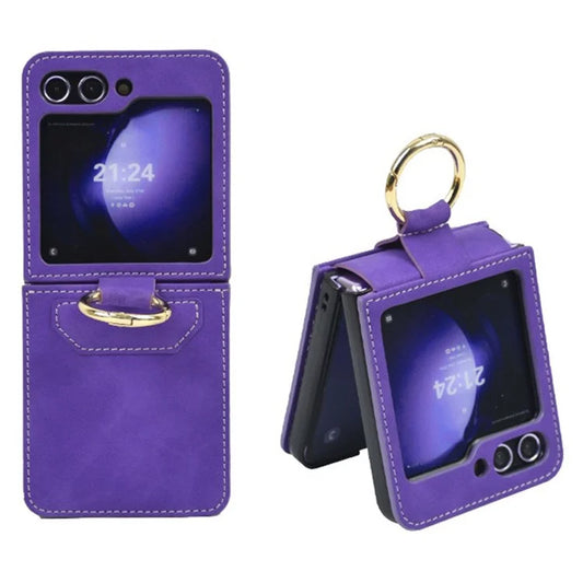For Samsung Galaxy Z Flip5 5G Case Leather Coated PC Phone Cover with Ring Kickstand