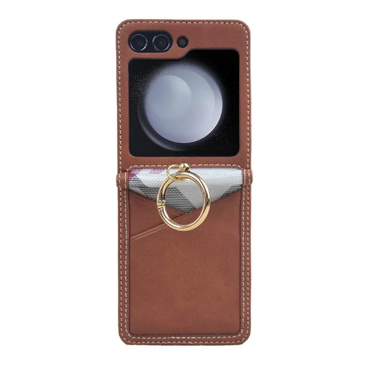 For Samsung Galaxy Z Flip5 5G Case Card Slot Ring Holder Leather+PC Phone Cover