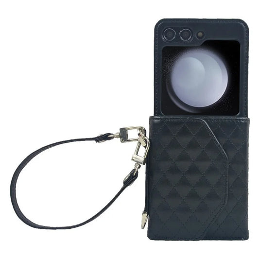 For Samsung Galaxy Z Flip5 5G Case Rhombus Pattern Leather PC Wallet Phone Cover with Strap
