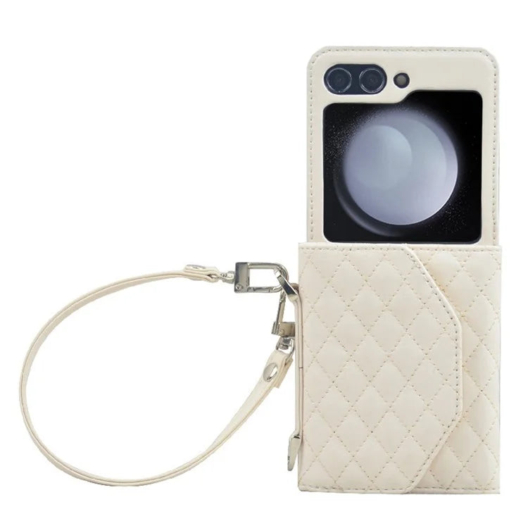 For Samsung Galaxy Z Flip6 5G Case Handbag Wallet Style Rhombus Pattern Leather + PC Phone Cover