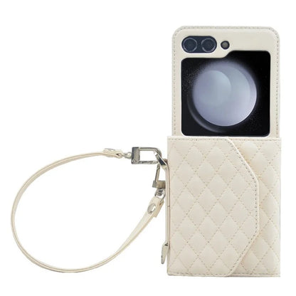 For Samsung Galaxy Z Flip6 5G Case Handbag Wallet Style Rhombus Pattern Leather + PC Phone Cover
