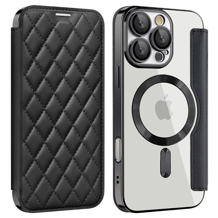 For iPhone 16 Pro Case Compatible with MagSafe Rhombus PU Leather Phone Cover