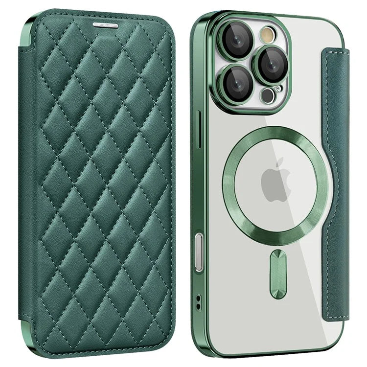 For iPhone 16 Pro Case Compatible with MagSafe Rhombus PU Leather Phone Cover