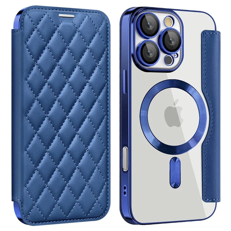 For iPhone 16 Pro Case Compatible with MagSafe Rhombus PU Leather Phone Cover