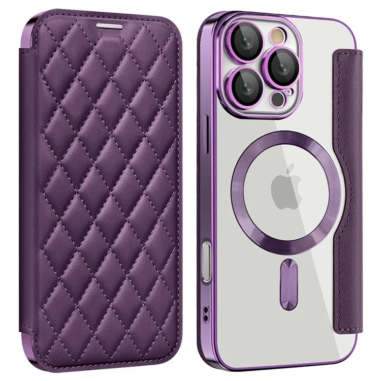 For iPhone 16 Pro Case Compatible with MagSafe Rhombus PU Leather Phone Cover
