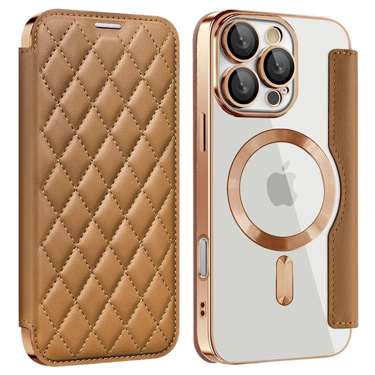 For iPhone 16 Pro Case Compatible with MagSafe Rhombus PU Leather Phone Cover