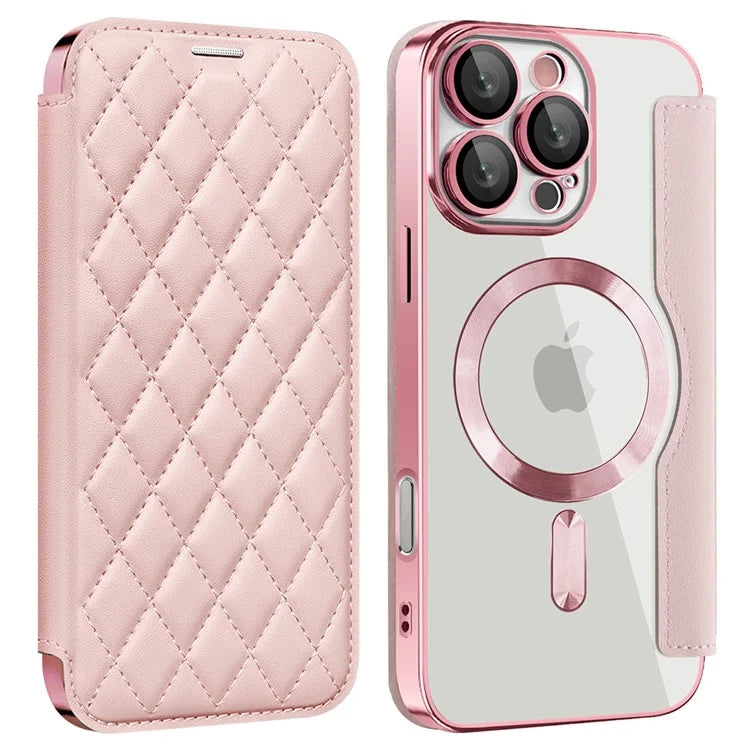 For iPhone 16 Pro Case Compatible with MagSafe Rhombus PU Leather Phone Cover