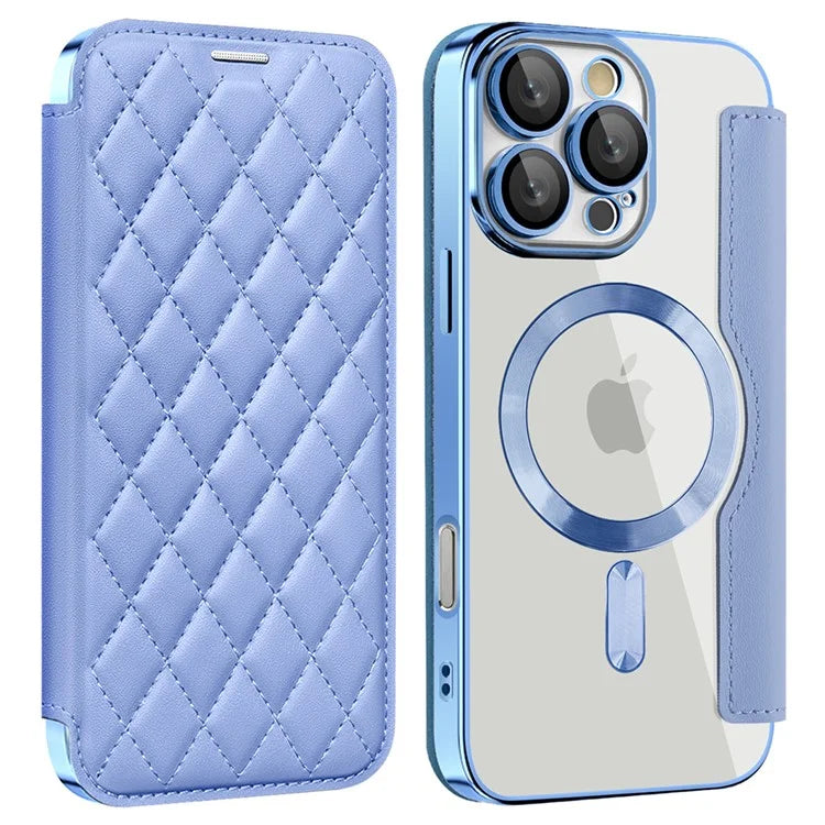For iPhone 16 Pro Case Compatible with MagSafe Rhombus PU Leather Phone Cover