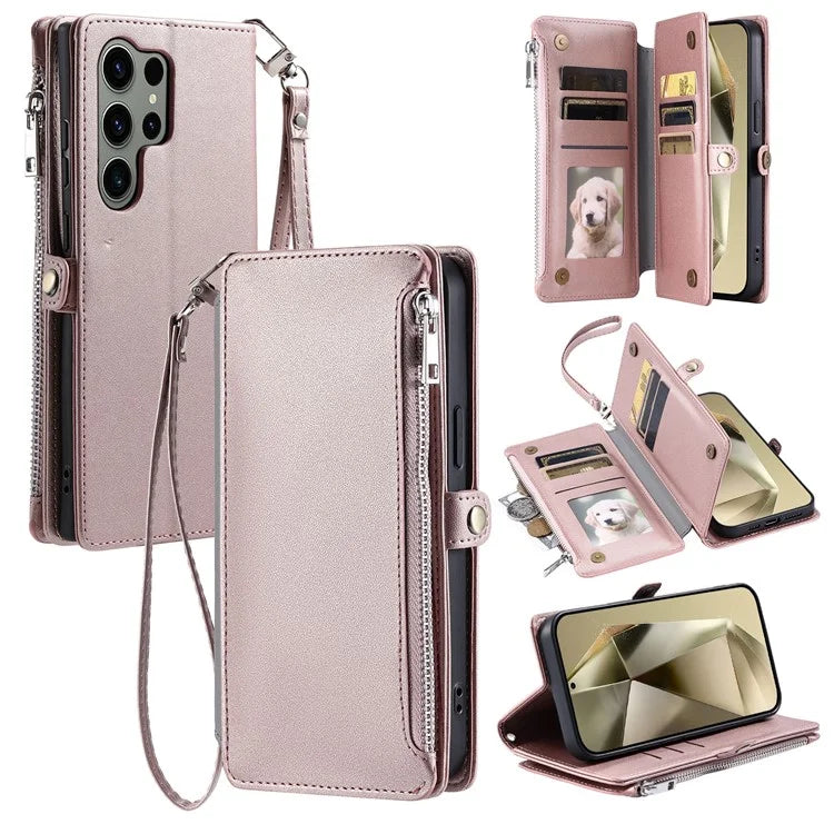 015 Style For Samsung Galaxy S24 Ultra Case TPU+PU Leather Wallet Phone Cover with Straps