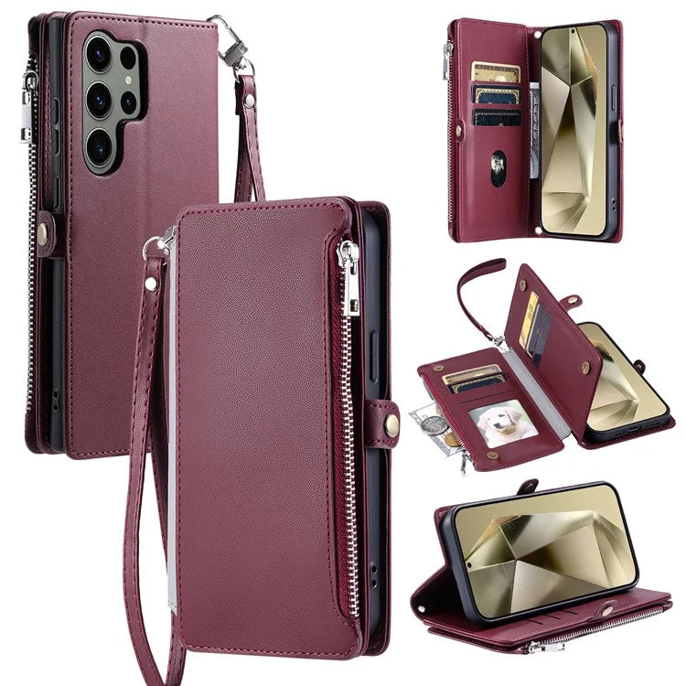 015 Style For Samsung Galaxy S24 Ultra Case TPU+PU Leather Wallet Phone Cover with Straps