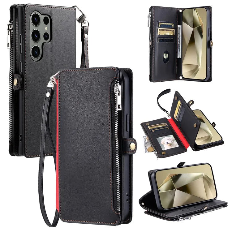 015 Style For Samsung Galaxy S24 Ultra Case TPU+PU Leather Wallet Phone Cover with Straps