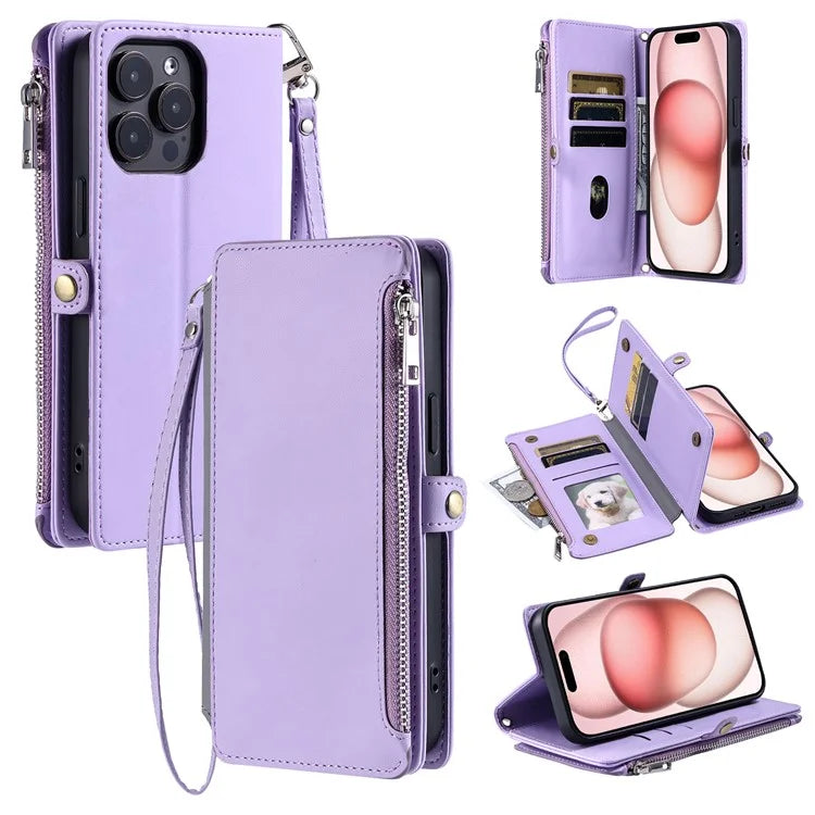 015 Style For iPhone 16 Pro Max Wallet Case Anti-Scratch Leather Phone Cover with Straps