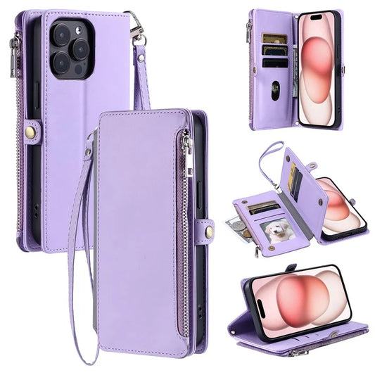 015 Style For iPhone 16 Pro Max Wallet Case Anti-Scratch Leather Phone Cover with Straps