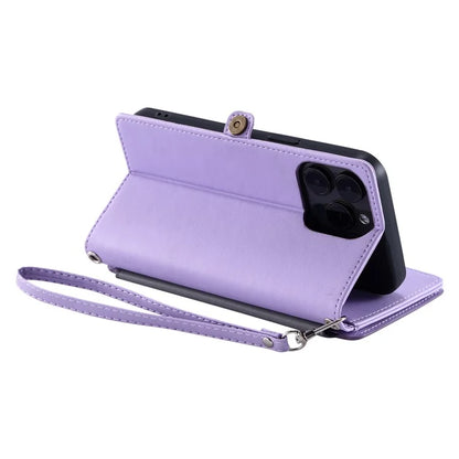 015 Style For iPhone 16 Pro Max Wallet Case Anti-Scratch Leather Phone Cover with Straps