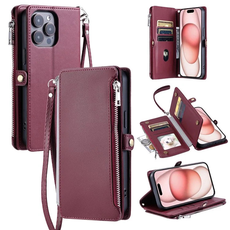 015 Style For iPhone 16 Pro Max Wallet Case Anti-Scratch Leather Phone Cover with Straps