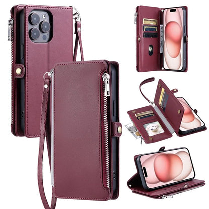 015 Style For iPhone 16 Pro Max Wallet Case Anti-Scratch Leather Phone Cover with Straps