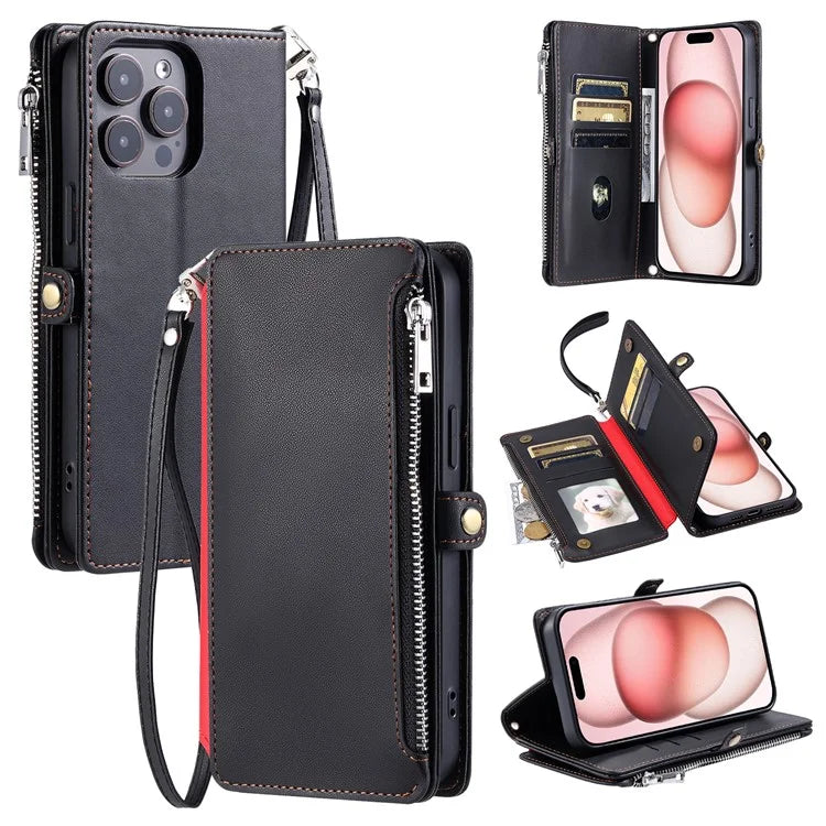 015 Style For iPhone 16 Pro Max Wallet Case Anti-Scratch Leather Phone Cover with Straps